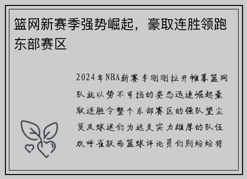 篮网新赛季强势崛起，豪取连胜领跑东部赛区